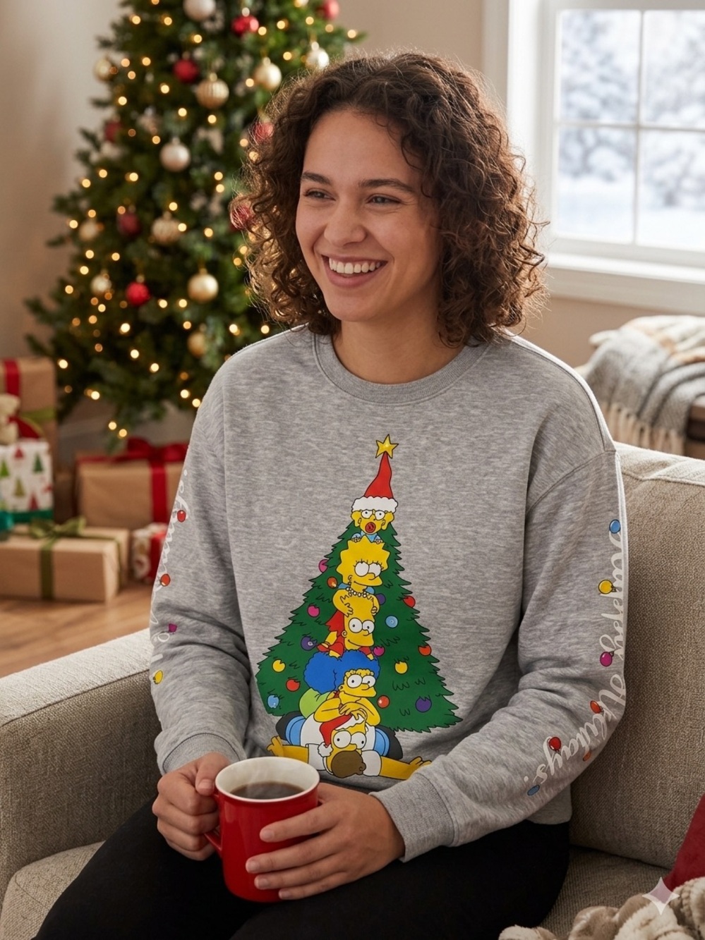 NWT The Simpsons Gray Christmas Tree Graphic Crewneck Sweatshirt Size Small